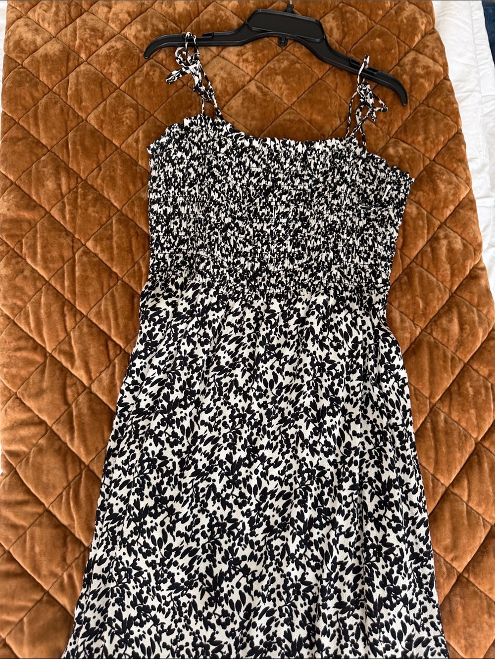 Madewell Black and White Smocked Tie-Shoulder Midi Dress
